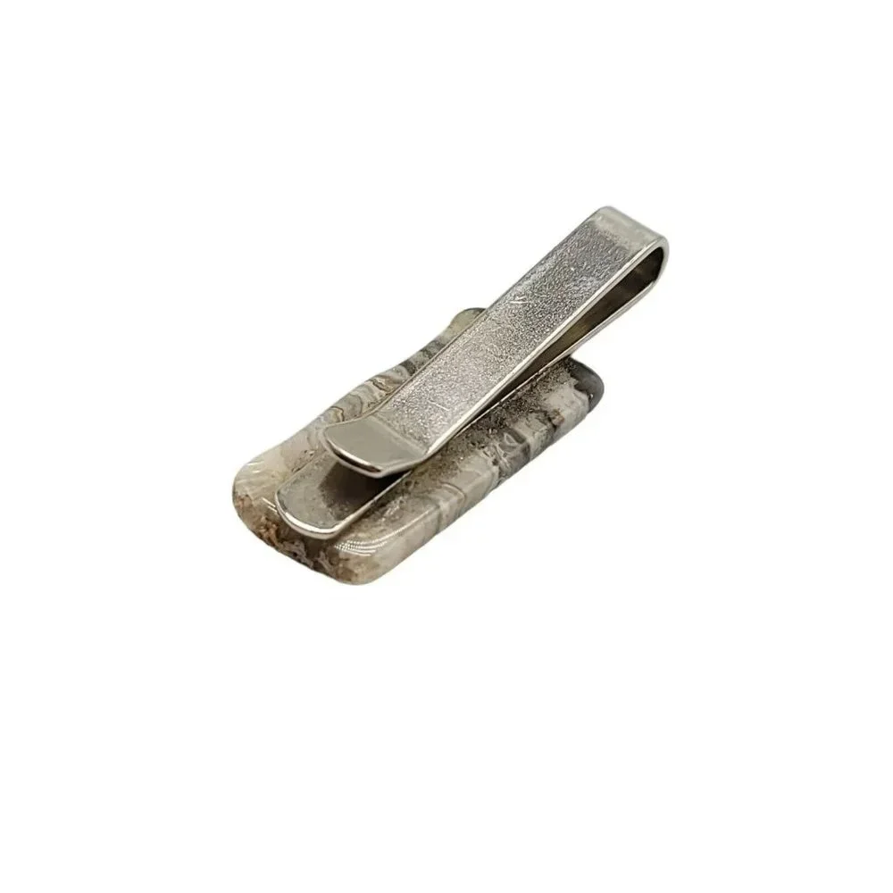 Vintage 1980s Silver Tone Gray Quartz Stone Crystal Bar Tie Clip Mens  1.75